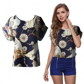 Casual Chiffon Tops Print Short Sleeves Pullover Blouse(Black L)