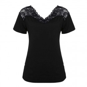 Charming Deep V Neck Ladies Patchwork Lace Tee Short Sleeve Pure T-Shirts