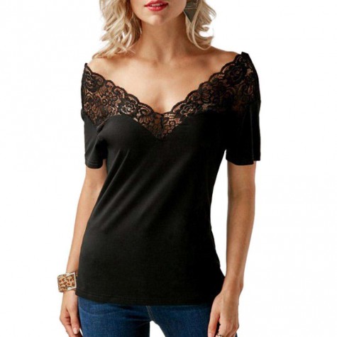 Charming Deep V Neck Ladies Patchwork Lace Tee Short Sleeve Pure T-Shirts