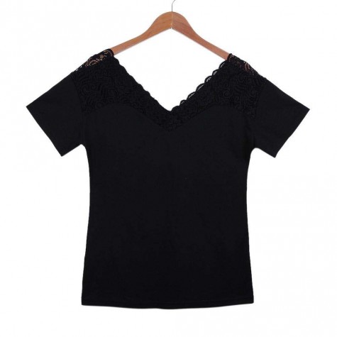 Charming Deep V Neck Ladies Patchwork Lace Tee Short Sleeve Pure T-Shirts