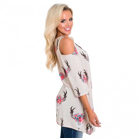 fashion Female T-shirt Summer Top  half Sleeve Floral Print Cold Shoulder Summer Casual Loose O-Neck Charming Tunic Top