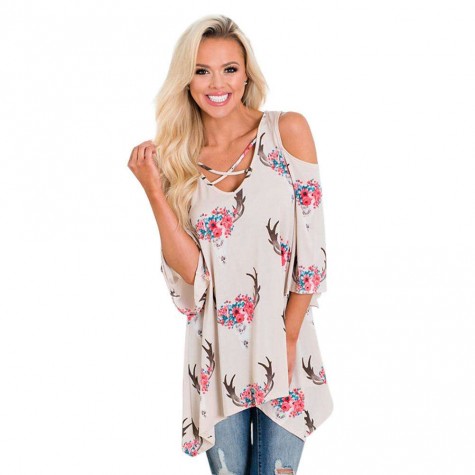 fashion Female T-shirt Summer Top  half Sleeve Floral Print Cold Shoulder Summer Casual Loose O-Neck Charming Tunic Top