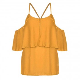 Chiffon Charming Ruffle Casual Pure Color Spaghetti Strap Tops (Yellow XL