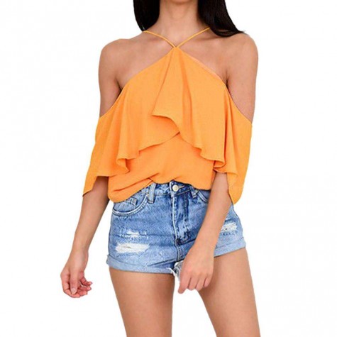 Chiffon Charming Ruffle Casual Pure Color Spaghetti Strap Tops (Yellow XL