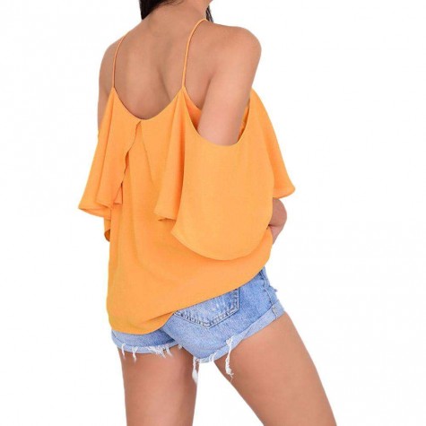 Chiffon Charming Ruffle Casual Pure Color Spaghetti Strap Tops (Yellow XL