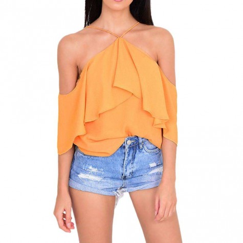 Chiffon Charming Ruffle Casual Pure Color Spaghetti Strap Tops (Yellow XL