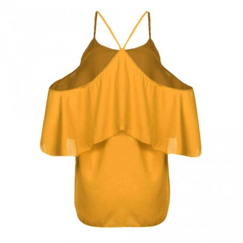 Chiffon Charming Ruffle Casual Pure Color Spaghetti Strap Tops (Yellow XL