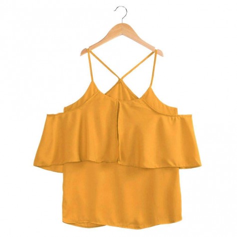 Chiffon Charming Ruffle Casual Pure Color Spaghetti Strap Tops (Yellow XL