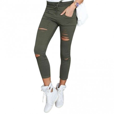 Elastic Waist Pencil Pants Cotton Hole Cut-Out Leggings