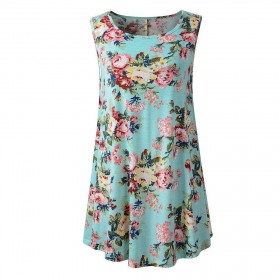 Tunic Summer Floral Flare Sleeveless Swing Tank Tops Clothes (Blue S)