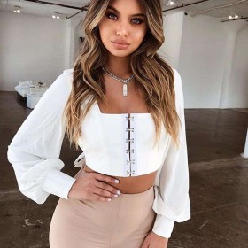 Long Sleeve Solid Color Crop Tops Boat Neck Casual T-shirt