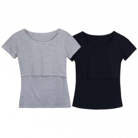 2pcs Summer T-shirts Tee O-Neck Slim Nursing Pregnancy Tops(Black M)