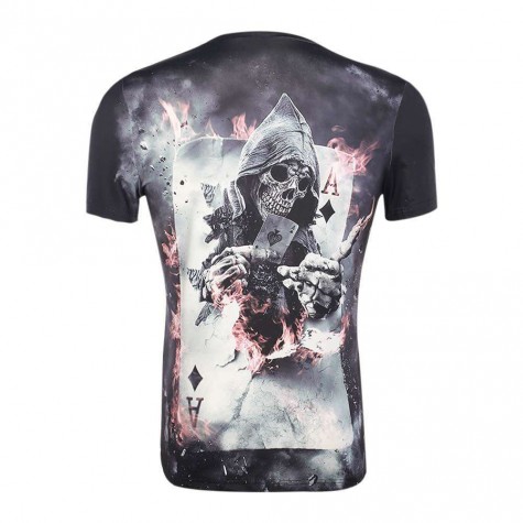 Simple Skull Poker Print T-shirt Slim Fit 3D Short Sleeve Top(Black XXL)