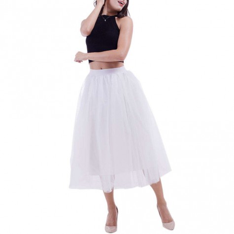 4 Layers 80cm Tulle Long Pleated Tutu Skirt Wedding Petticoat/White