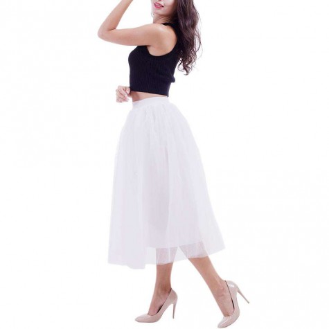 4 Layers 80cm Tulle Long Pleated Tutu Skirt Wedding Petticoat/White