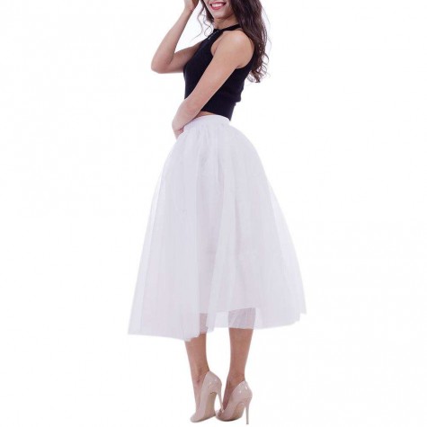 4 Layers 80cm Tulle Long Pleated Tutu Skirt Wedding Petticoat/White