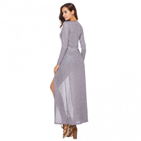 Loose Long Sleeve Button Cardigan Casual V-Neck Maxi Coat(Purple M)