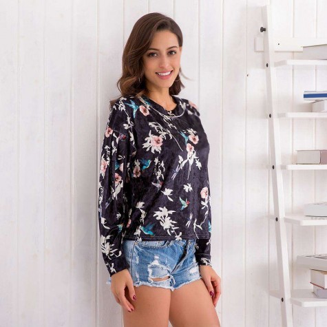 Autumn Casual Floral Print T-shirt Cotton Long Sleeve Tops