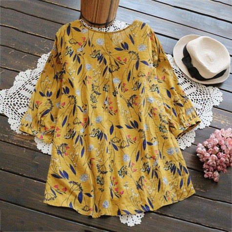 Cotton Boho 3/4 Sleeve Sweet Retro Blouse O-Neck Loose Tops(Yellow)