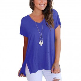 Casual Loose Irregular T-shirt Short Sleeve Side Split V-Neck Tops