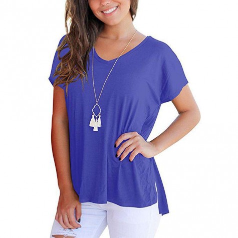 Casual Loose Irregular T-shirt Short Sleeve Side Split V-Neck Tops