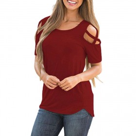 T-shirt Pullovers Summer Shoulder Bandage Tops (Wine Red M)