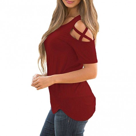 T-shirt Pullovers Summer Shoulder Bandage Tops (Wine Red M)