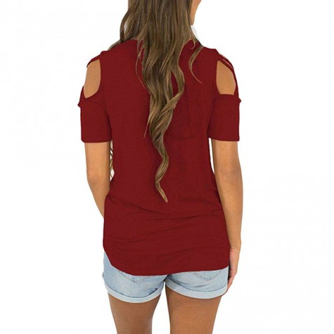 T-shirt Pullovers Summer Shoulder Bandage Tops (Wine Red M)