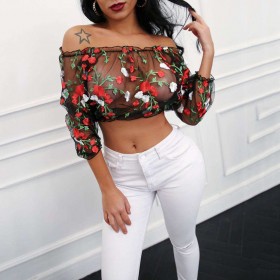 Charming Off Shoulder Embroidery Flowers Blouses Gauze Crop Tops