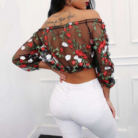 Charming Off Shoulder Embroidery Flowers Blouses Gauze Crop Tops