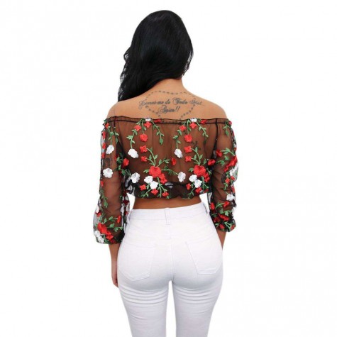 Charming Off Shoulder Embroidery Flowers Blouses Gauze Crop Tops