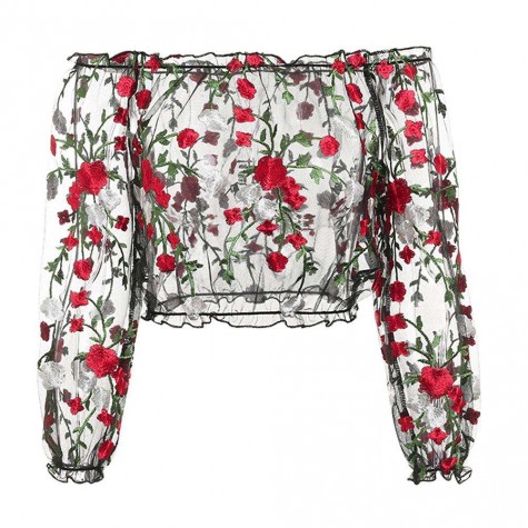 Charming Off Shoulder Embroidery Flowers Blouses Gauze Crop Tops