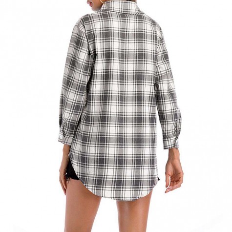 Fashion Long Sleeve Plaid Shirt Casual Turn-Down Collar Blouse