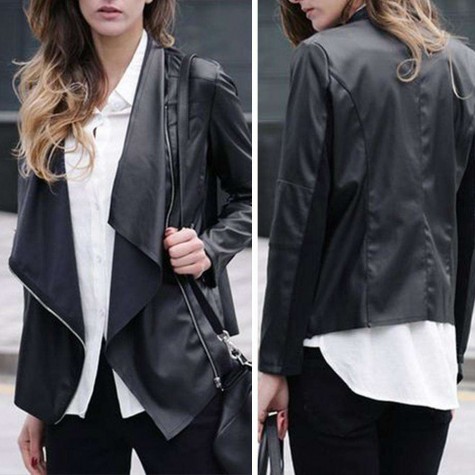 Faux Leather Street Jacket Slant Zipper Polo Collar Tops