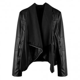 Faux Leather Street Jacket Slant Zipper Polo Collar Tops