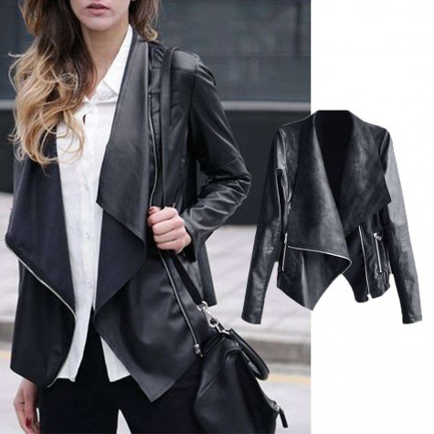 Faux Leather Street Jacket Slant Zipper Polo Collar Tops