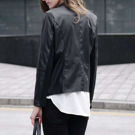 Faux Leather Street Jacket Slant Zipper Polo Collar Tops