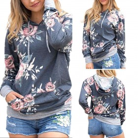 Drawstring Hoodies Floral Print Hooded Tops Slim Sweatshirt