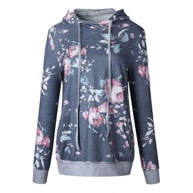 Drawstring Hoodies Floral Print Hooded Tops Slim Sweatshirt