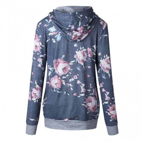 Drawstring Hoodies Floral Print Hooded Tops Slim Sweatshirt