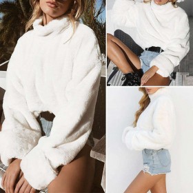 Winter Faux Fur Coats Outerwear High Neck Warm Sweater Pullover Tops