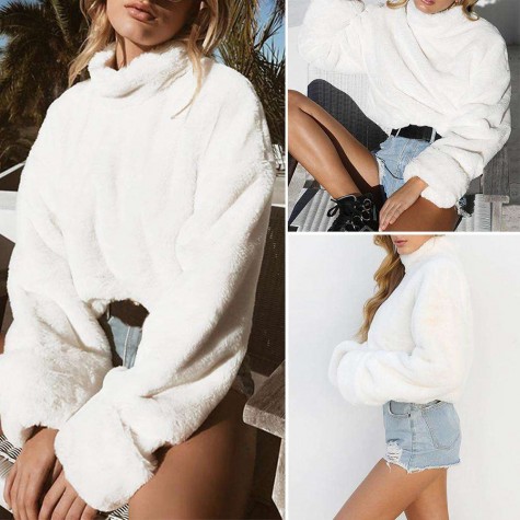 Winter Faux Fur Coats Outerwear High Neck Warm Sweater Pullover Tops