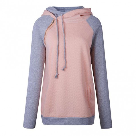 Fashion Splicing Color Hoodie Slim Fit Slant Zipper Drawstring Tops