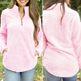 Zipper V-Neck Solid Color Autumn Slim Fit Warm Pullover Coat Tops