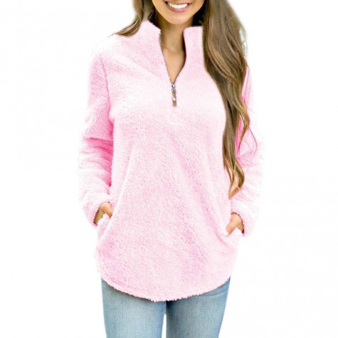 Zipper V-Neck Solid Color Autumn Slim Fit Warm Pullover Coat Tops