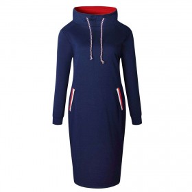 Long Sweatshirt Pullovers Warm High Neck Pencil Dress (Navy Blue S)