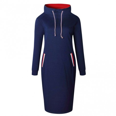 Long Sweatshirt Pullovers Warm High Neck Pencil Dress (Navy Blue S)