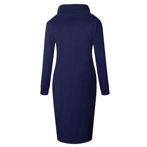 Long Sweatshirt Pullovers Warm High Neck Pencil Dress (Navy Blue S)