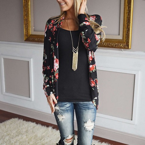 Floral Print Long Sleeve Soft Cardigans Tops Fashion Casual Coat