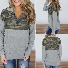 Sweatshirt Splicing Color Zipper V Neck Slim Pullover Tops (Grey XL)